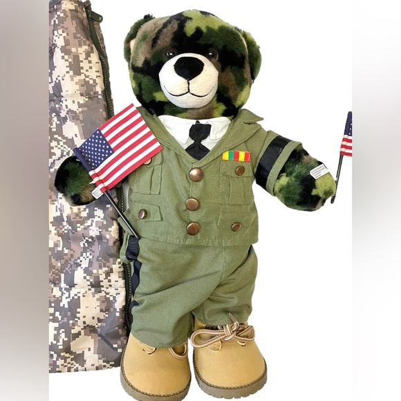 Build A Bear Army Camo Plush Teddy Bear w Dress Uniform Boots Sleeping Bag BAB - Picture 2 of 11
